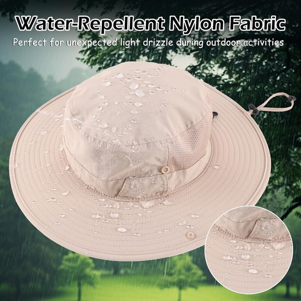 Unisex Light Khaki 100%Nylon Wide Brim Boonie With Chin Strap Classic Bucket Hat - Picture 6 of 6